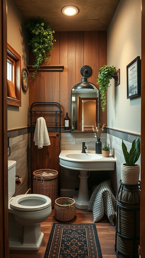 Small rustic bathroom with earthy color palette, featuring wooden paneling, plants, and natural decor.