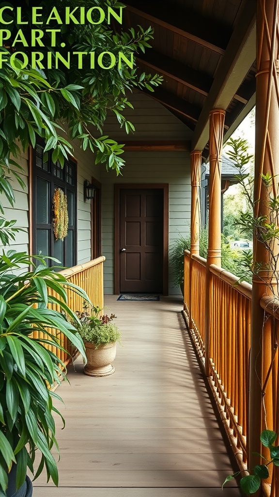 A porch with bamboo railings, surrounded by green plants and a welcoming entrance.