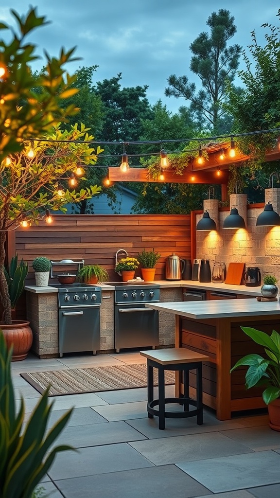 Eco-friendly outdoor kitchen patio with plants and energy-efficient lighting