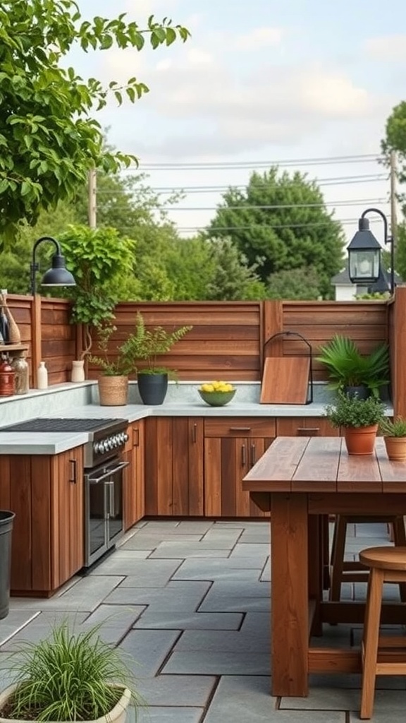 An eco-friendly outdoor kitchen with wooden cabinets, modern appliances, and a dining table surrounded by greenery.