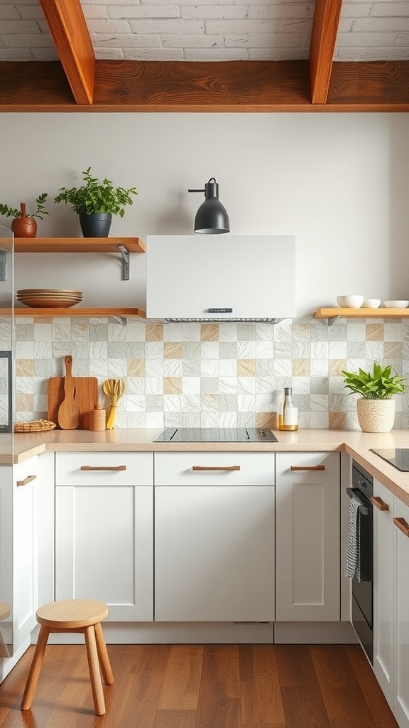 A modern kitchen with a recycled material backsplash, featuring white cabinets, wooden shelves, and plants.