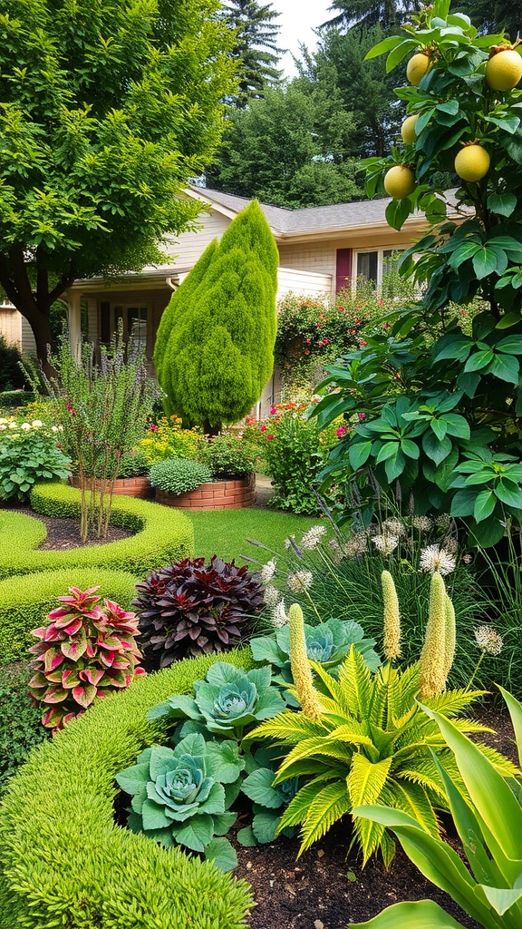 A vibrant garden with a mix of greenery and colorful plants, featuring a well-manicured design and fruit trees.