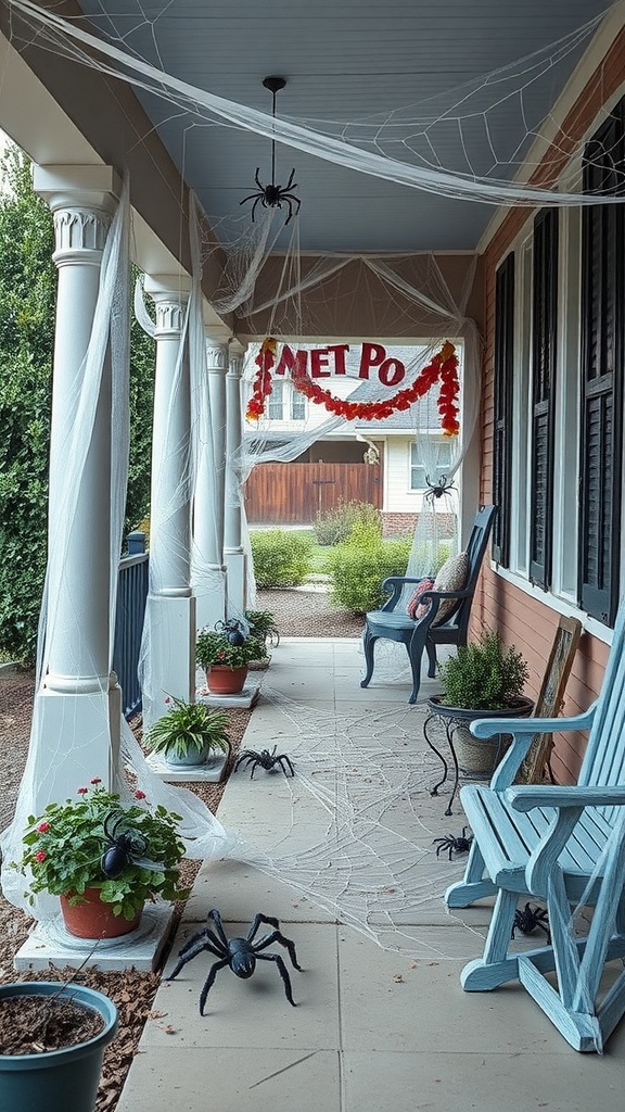 A decorated front porch with spider webs and plastic spiders for Halloween.