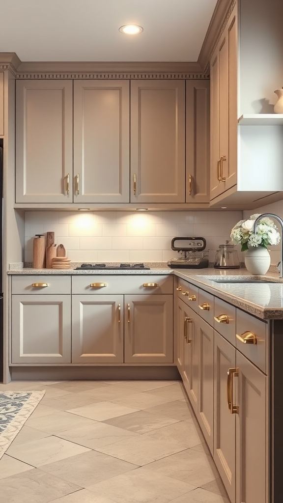A modern kitchen featuring beige cabinets, gold hardware, and granite countertops, highlighted by warm lighting.