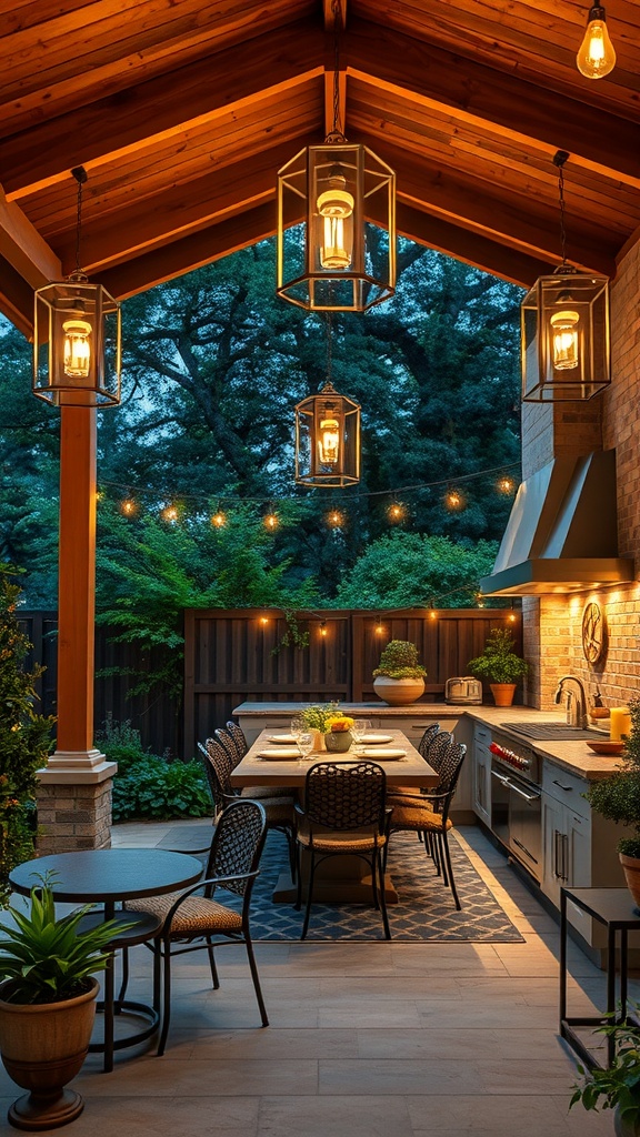 Outdoor kitchen patio with elegant lantern-style lighting fixtures and a cozy dining setup.