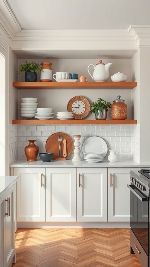 A modern kitchen featuring open shelving with plates, a clock, and decorative items.