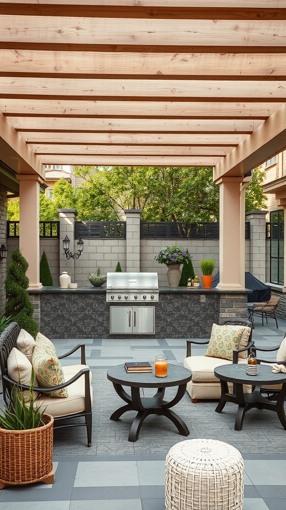Outdoor kitchen design with a pergola, grill, and seating area.