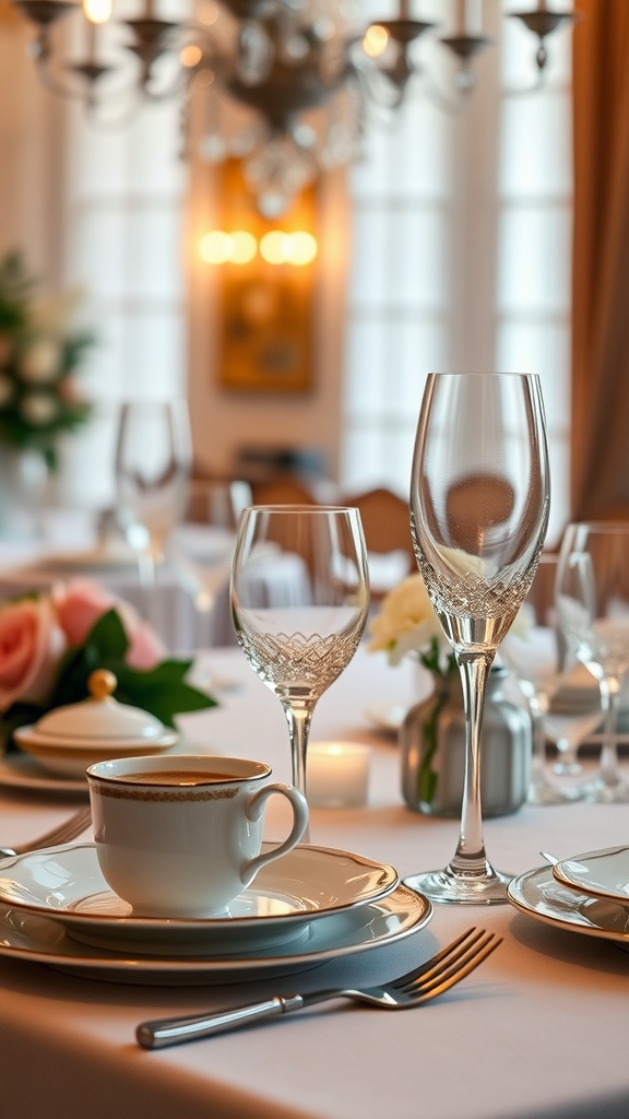 A beautifully set dining table with fine china, crystal glasses, and floral arrangements.