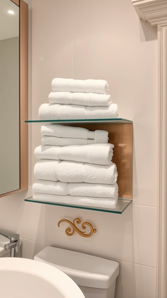 Neatly stacked white towels on a glass shelf with a decorative gold element below, in a clean bathroom setting.