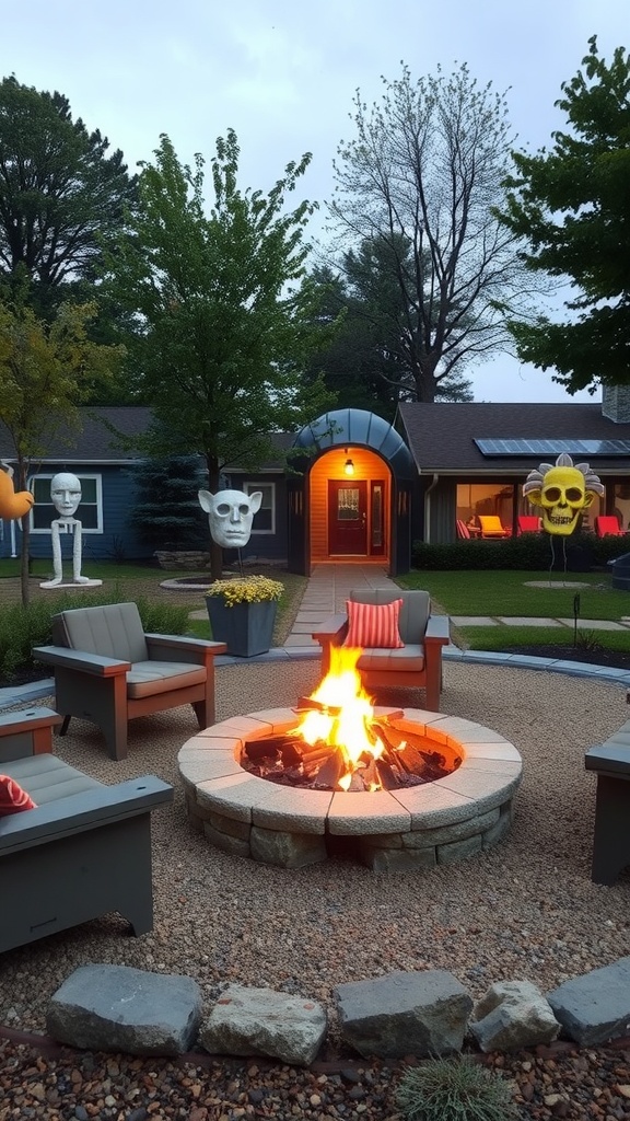 A cozy fire pit surrounded by modern outdoor art, including colorful sculptures, with seating and a warm fire.