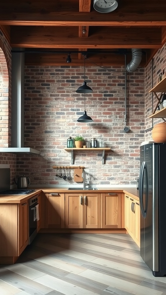 A cozy industrial kitchen with exposed brick walls, wooden cabinets, and stylish lighting.