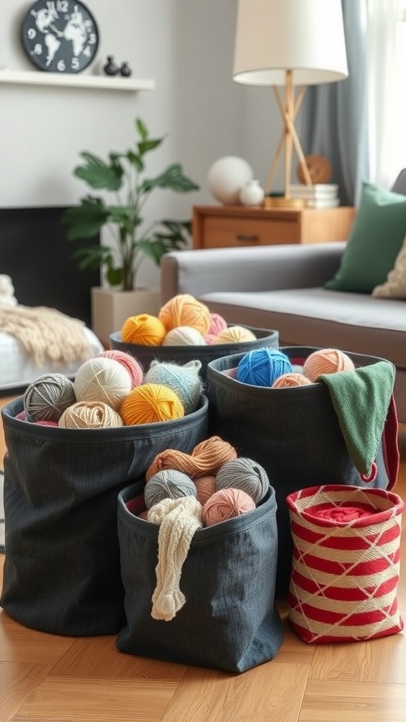 A cozy living area with fabric bins filled with colorful yarn balls.
