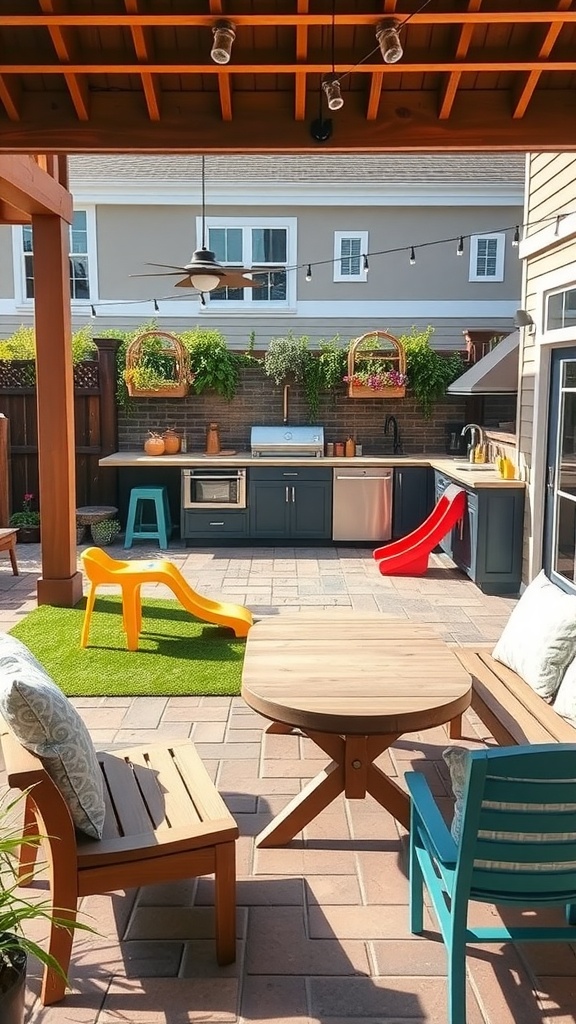 A family-friendly outdoor kitchen patio featuring a slide, colorful play equipment, and seating arrangements.