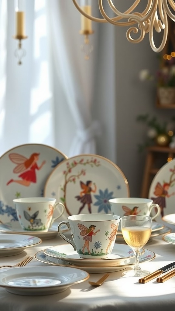 A whimsical kitchen setting with fairy-themed dishware on a dining table.