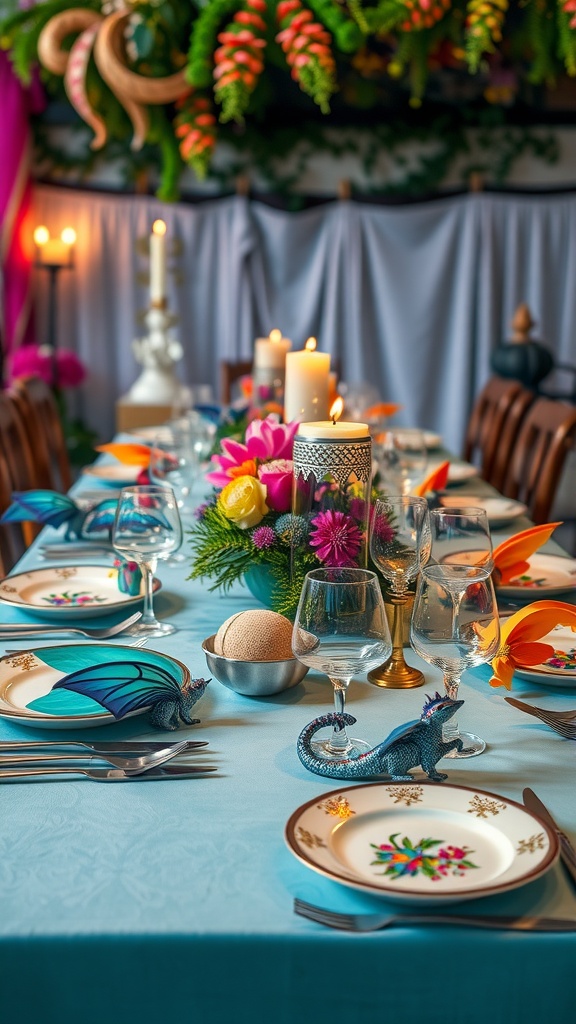 A fantasy-themed table setting with colorful plates, dragon figurines, floral decorations, and candles.