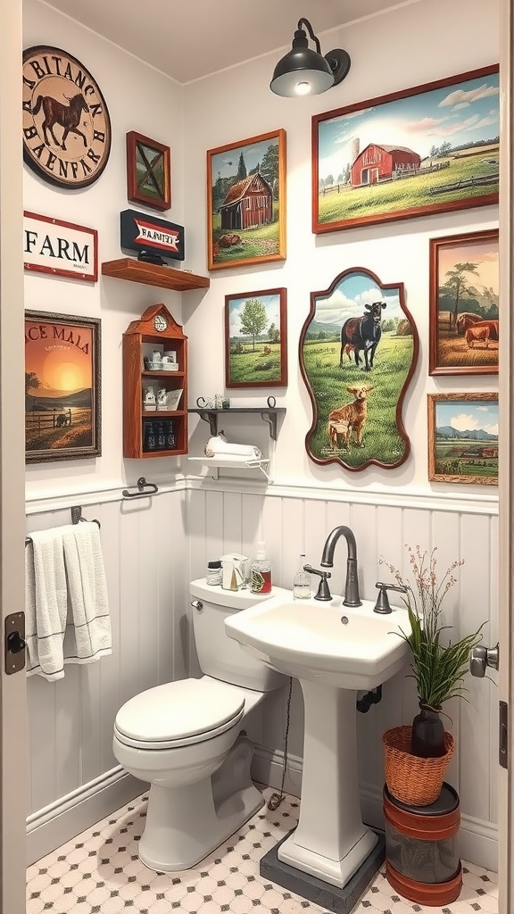 A cozy bathroom decorated with farm-inspired wall art featuring rustic paintings and vintage signs.
