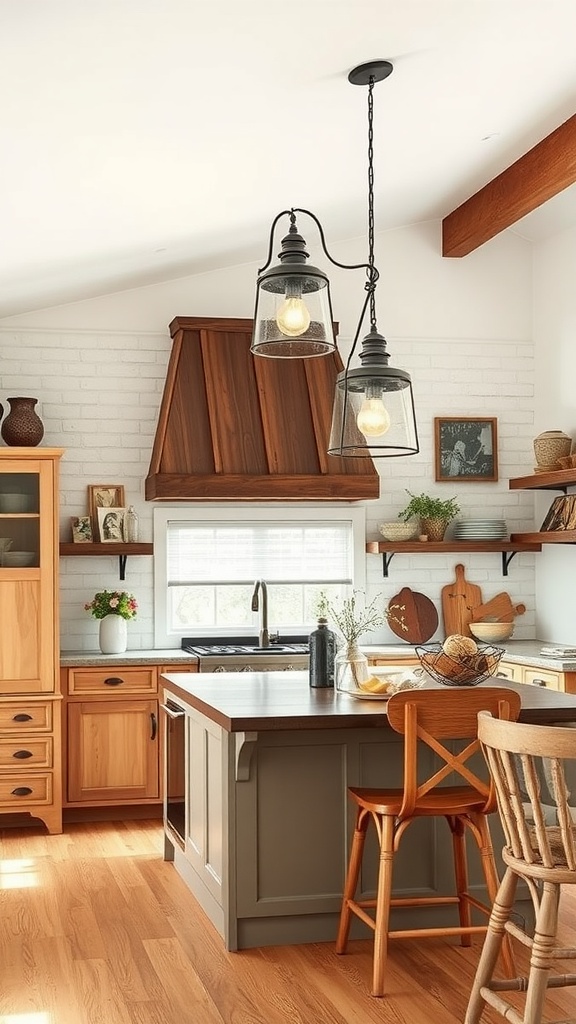 A cozy farmhouse kitchen with two glass pendant lights hanging over the island.