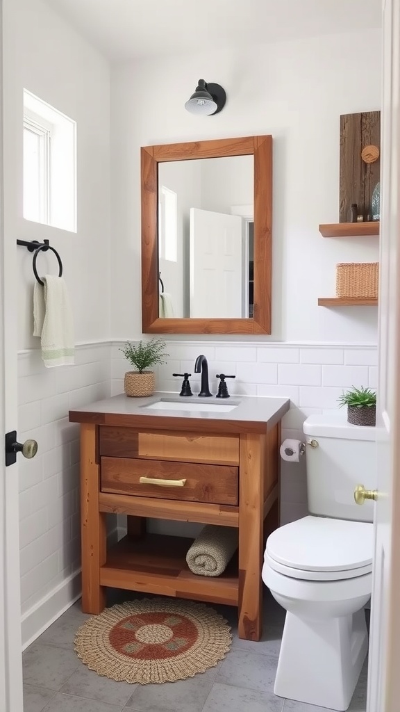 Small bathroom with farmhouse-style vanity, featuring wood tones, a large mirror, black fixtures, and potted plants.