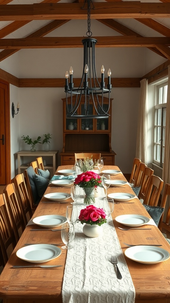 A farmhouse dining table set with plates, glasses, and flowers, creating a warm and inviting atmosphere.