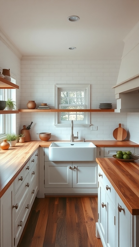 Farmhouse kitchen featuring a white apron front sink, wooden countertops, and open shelving with decorative items.