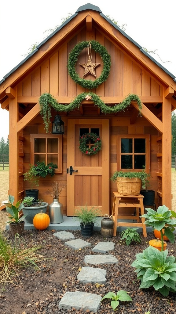 A farmhouse-style playhouse with a wooden exterior, decorative wreaths, and a stone pathway leading to the door.