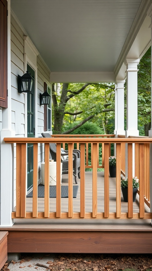 A charming farmhouse style front porch railing made of warm wood with vertical slats, surrounded by greenery and cozy seating.