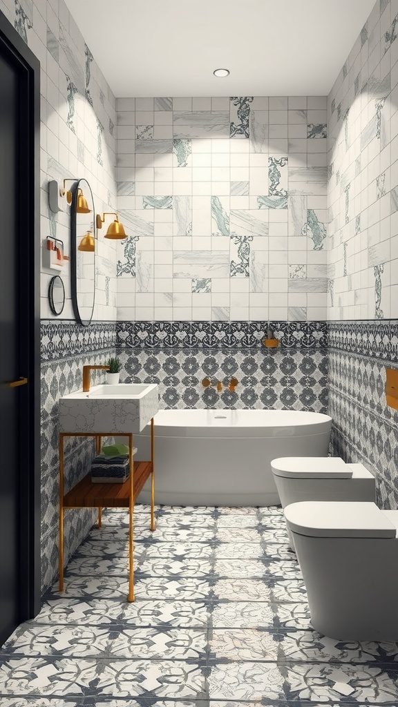 A luxurious bathroom featuring floor-to-ceiling tiles with a mix of marble-like patterns and intricate designs, a sleek bathtub, and modern fixtures.