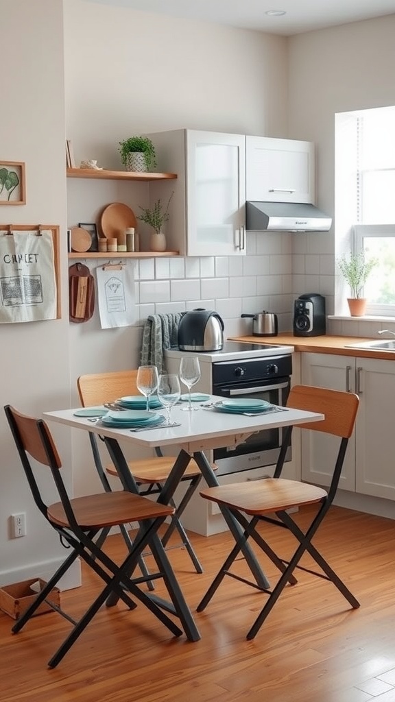 A modern kitchen featuring a foldable table and chairs, showcasing a cozy and functional space.