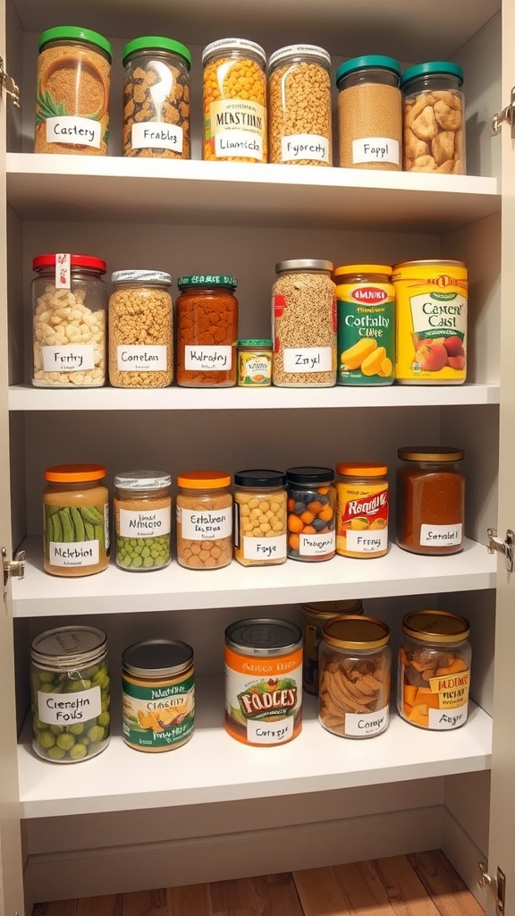 An organized pantry with labeled jars containing various food items.