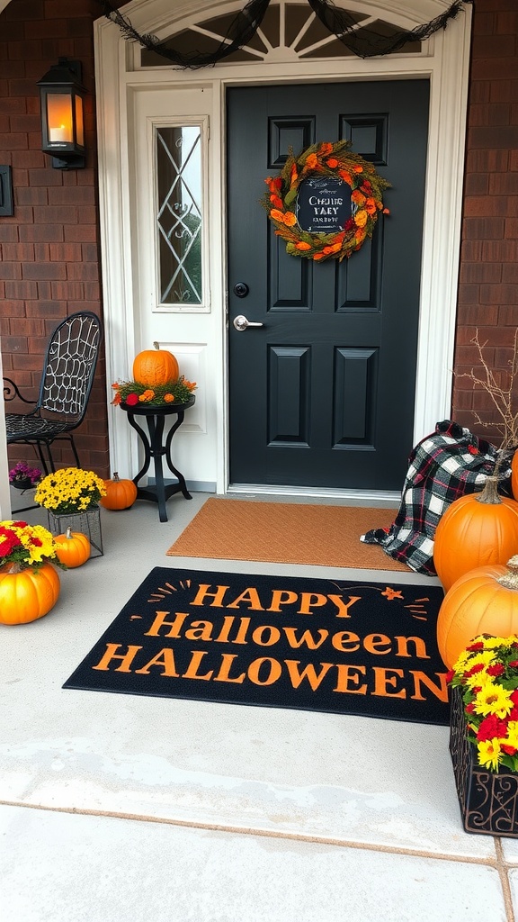 A Halloween-themed doormat saying 'HAPPY Halloween' surrounded by pumpkins and flowers on a porch.