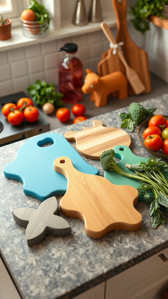 A colorful arrangement of fun-shaped cutting boards on a kitchen counter, showcasing various materials and designs.