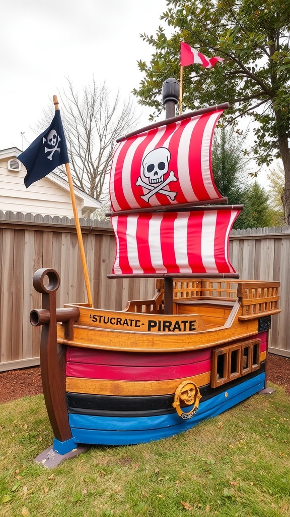 Colorful pirate ship playhouse with red and white sails, featuring a skull and crossbones flag.