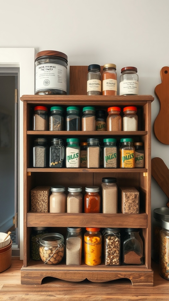 A vintage wooden spice rack filled with jars of various spices and ingredients.