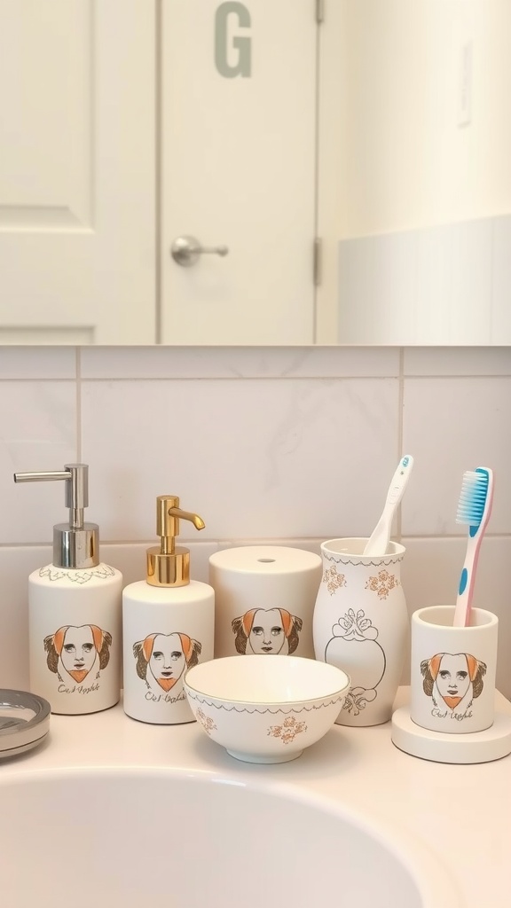A collection of cute bathroom accessories on a countertop, featuring playful designs.