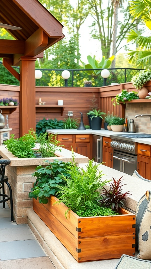 A wooden planter filled with various herbs next to an outdoor kitchen.