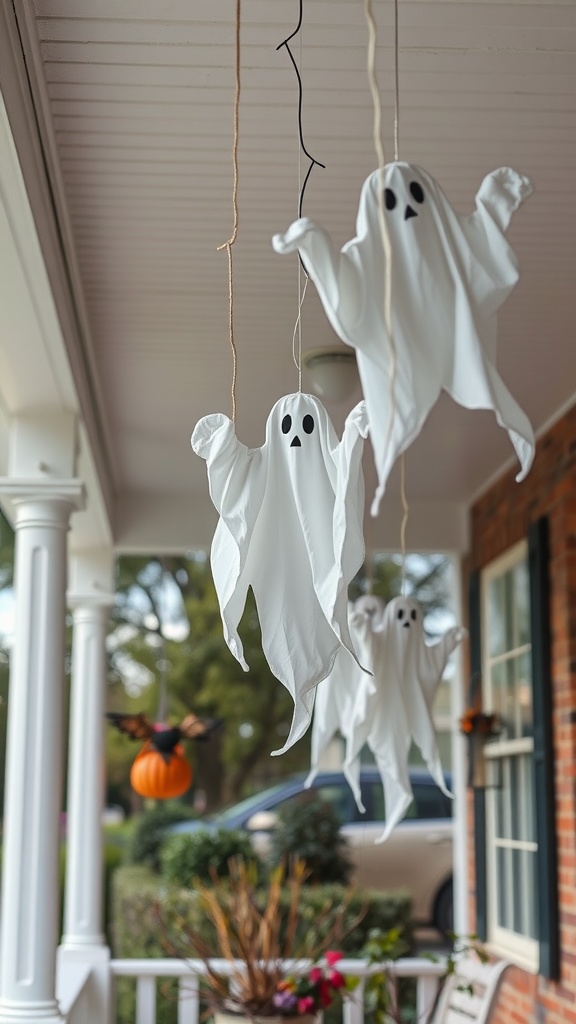 Hanging ghost decorations made of white fabric with black eyes on a porch, complementing a pumpkin decoration.