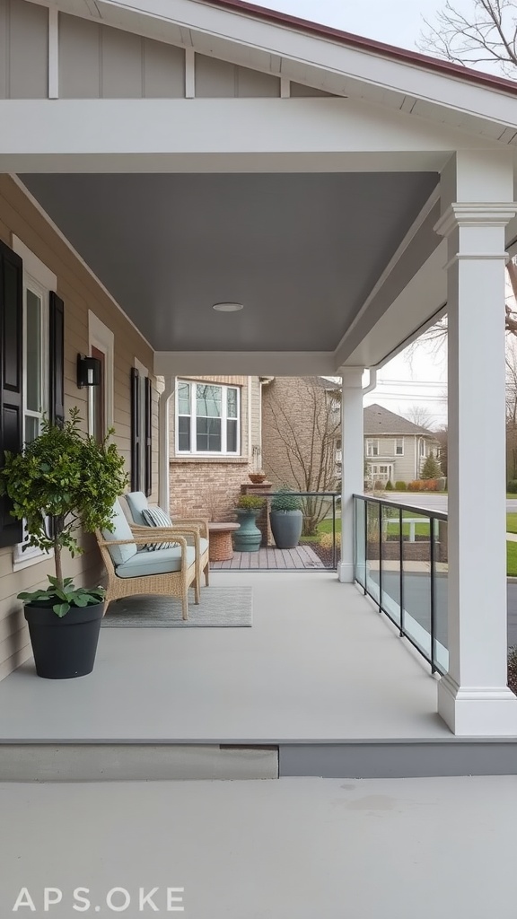 A front porch featuring glass railings, comfortable seating, and green plants, showcasing an open view.