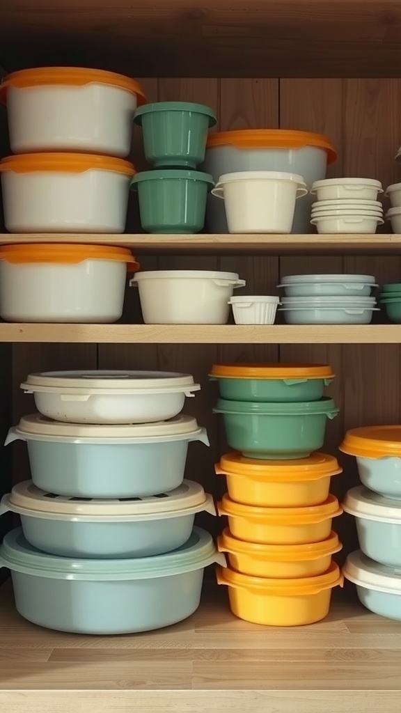 An organized shelf displaying various Tupperware containers of different sizes and shapes.