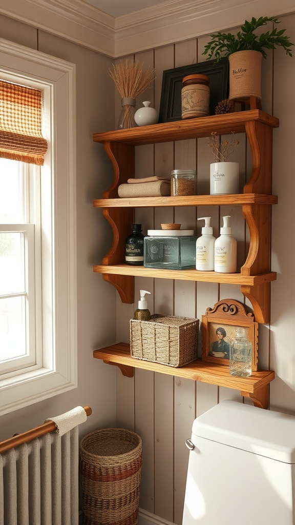 Wooden shelves in a bathroom displaying toiletries and decor.