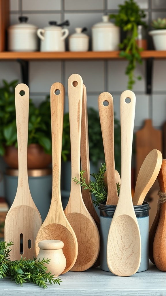 A collection of handcrafted wooden cooking utensils displayed in a kitchen setting