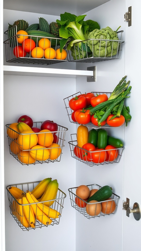 A small pantry with hanging metal baskets filled with various fruits and vegetables.