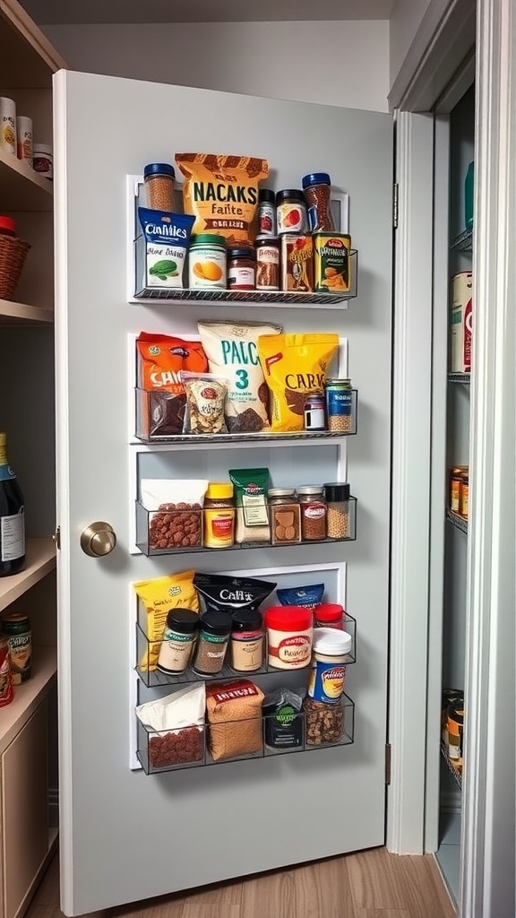 A pantry door with hanging organizers containing spices, snacks, and baking supplies.
