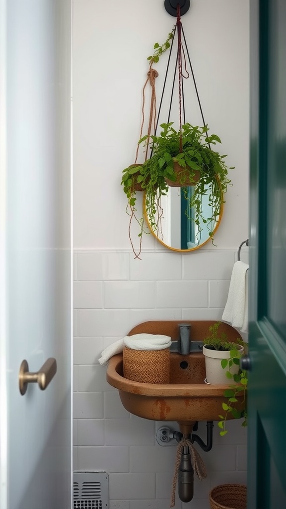 A small bathroom featuring a hanging plant above a terracotta sink, with a mirror reflecting the greenery.