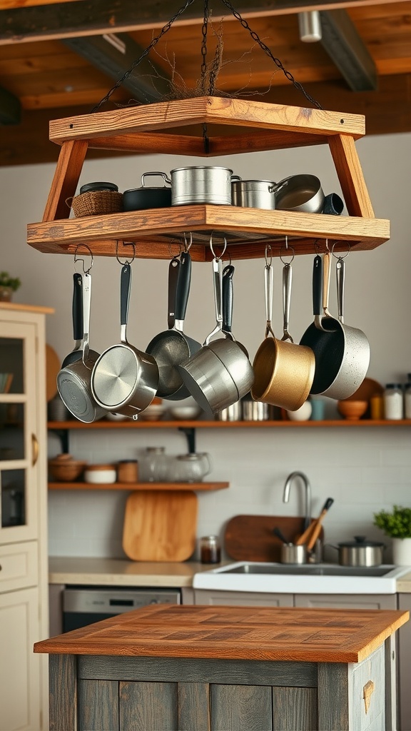 A wooden hanging pot rack with various pots and pans above a kitchen island.