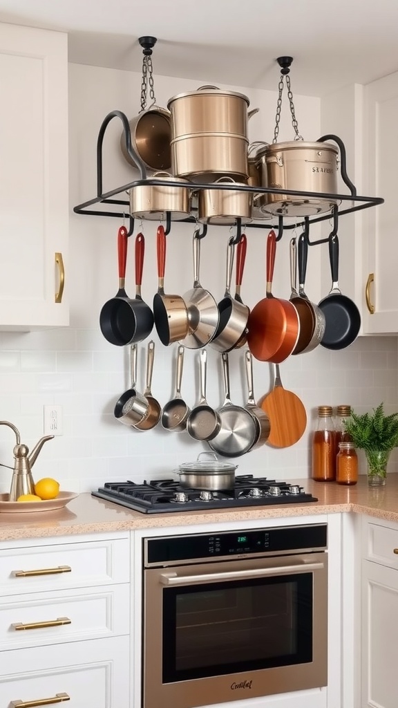 A hanging storage rack displaying various pots and pans in a modern kitchen