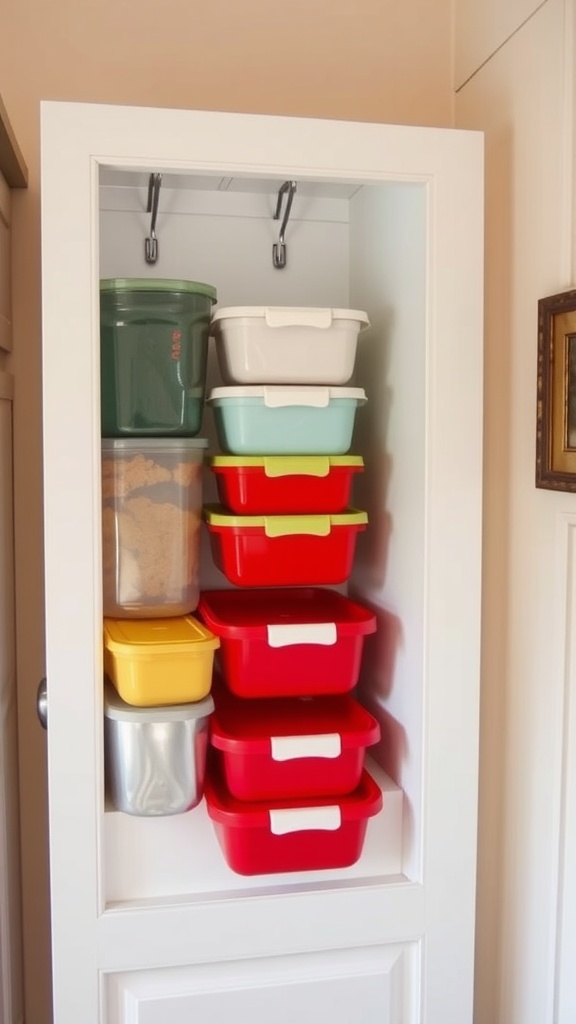 Organized Tupperware in a cabinet with hanging lids and stacked containers.