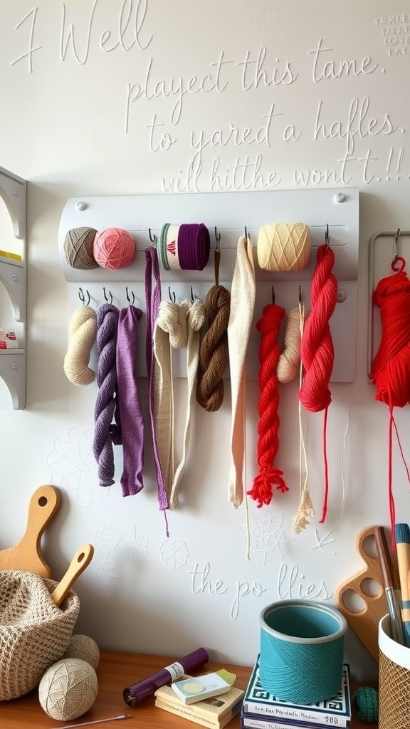 A colorful yarn dispenser mounted on a wall with various yarns hanging, along with crafting tools on a table.