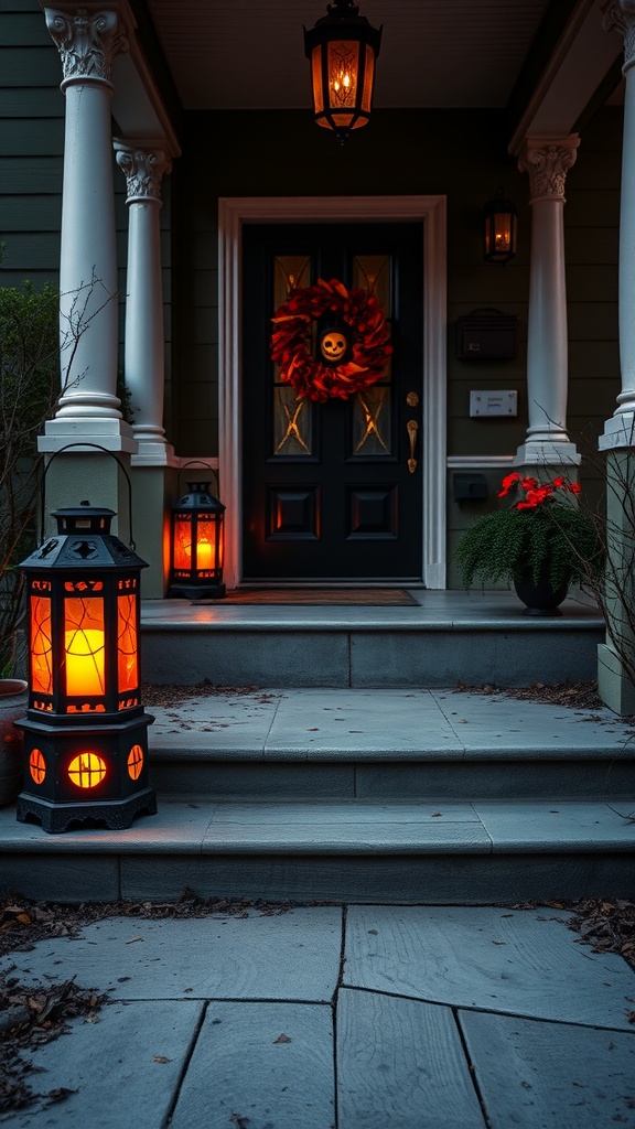 A front porch decorated with haunted lanterns and a Halloween wreath