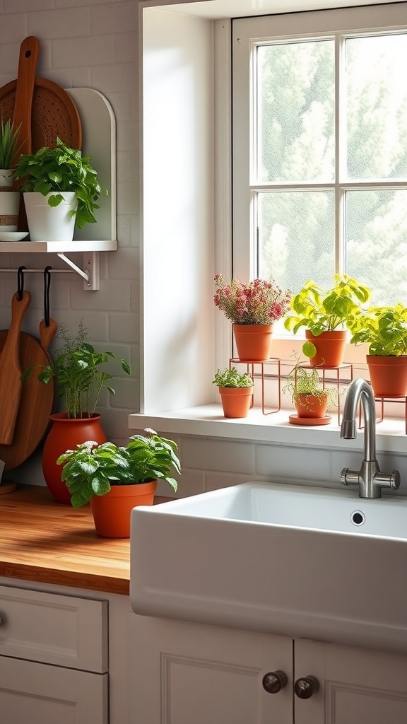 A bright kitchen with a variety of herbs in terracotta pots on the windowsill