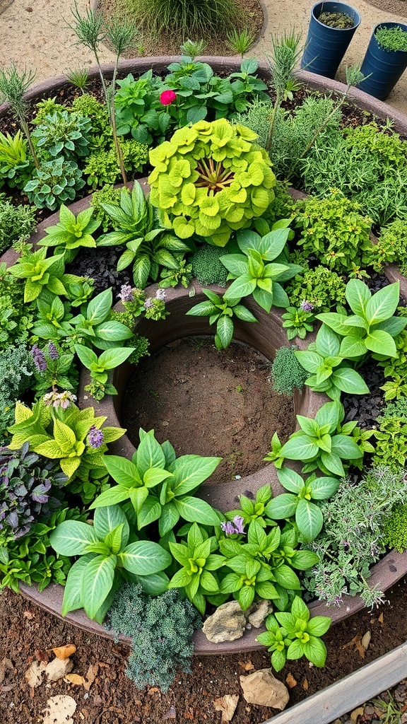 A vibrant herb spiral garden filled with various herbs, showcasing a circular design for efficient space usage.